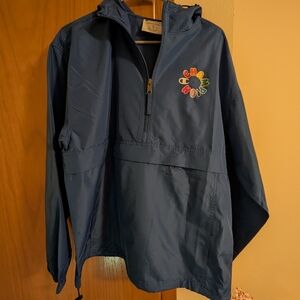 Champion Blue Hooded Pullover Raincoat with Colorful Logo - M
